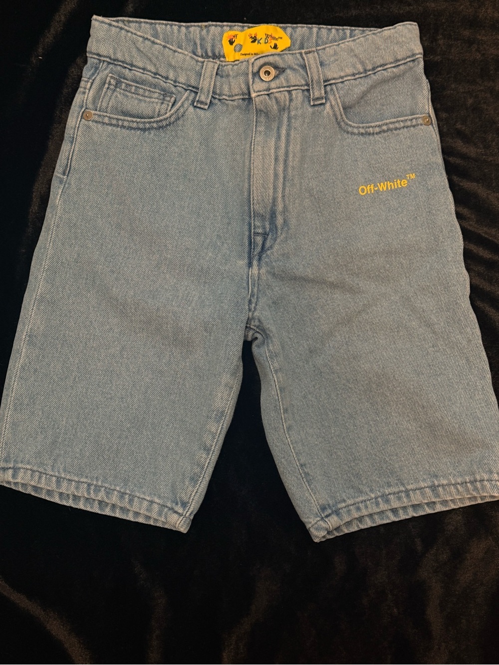 Off-White Light Blue Denim Jean Shorts with Yellow Logo